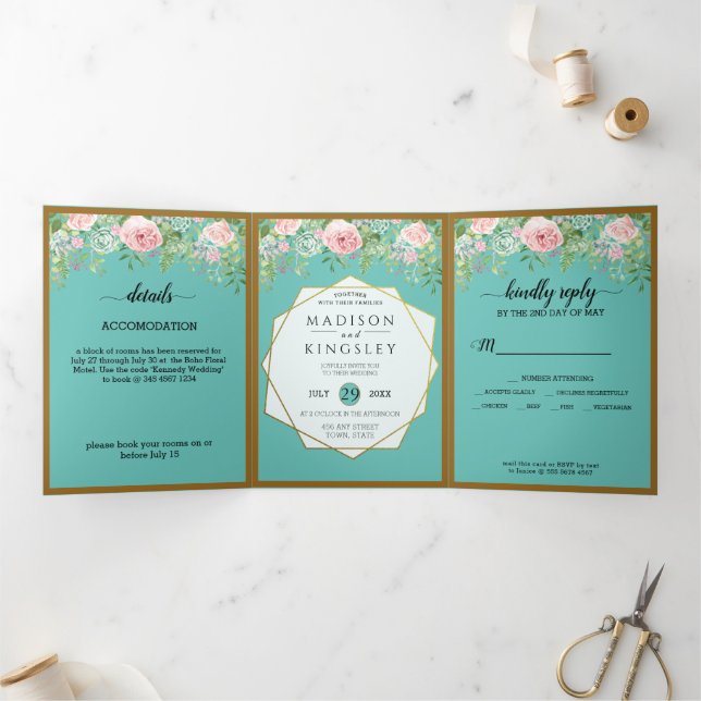 Fab Pink Floral Teal Wedding  Tri-Fold Invitation (Inside)