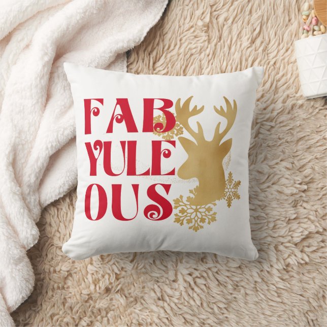 Fab-Yule-Ous Christmas Reindeer Red & Gold Cushion (Blanket)
