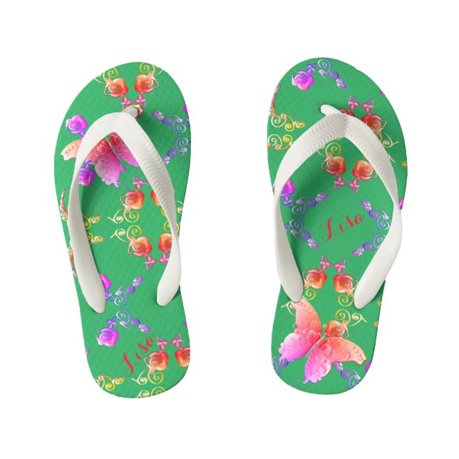 Faberge-inspired PinkRoses and Butterflies on Teal Kid's Jandals (Footbed)