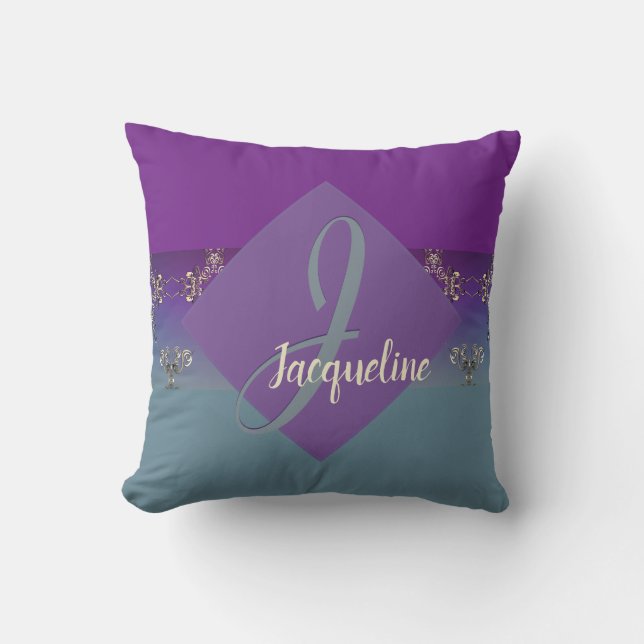 Fabergè-like Monogram Purple Blue Gradient   Cushion (Front)