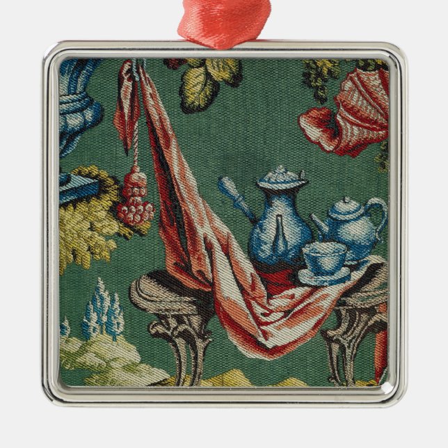 Fabric depicting a chocolate pot and a teapot metal tree decoration (Front)