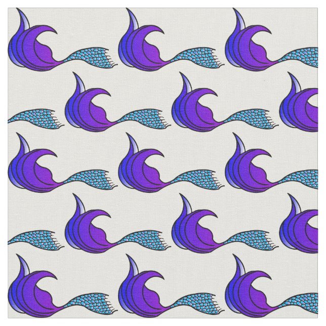 Fabric featuring blue and purple mermaid tail (Close Up)