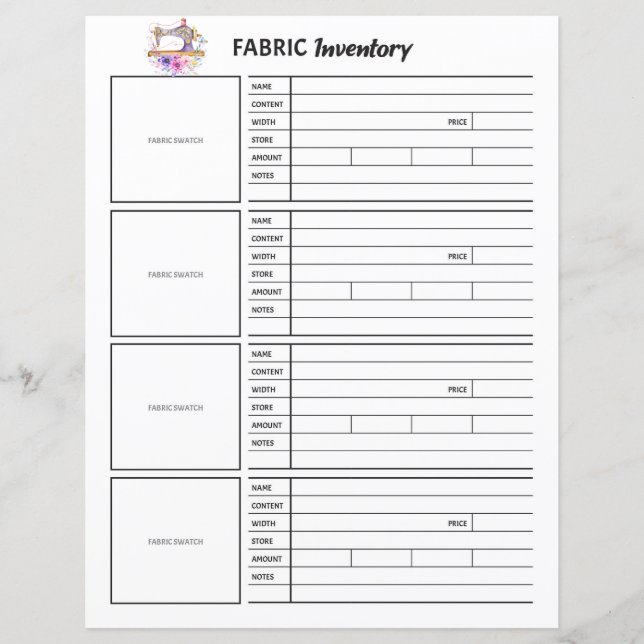 Fabric Inventory Sheet (Front)