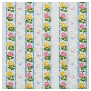 Fabric Pink & Yellow Roses Floral Blue Stripe