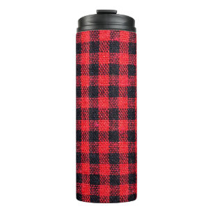 Fabric texture with grid pattern, red squares and thermal tumbler
