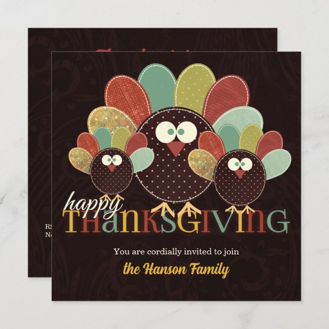 Fabric Turkey Family Thanksgiving Gathering Invitation (Front/Back)
