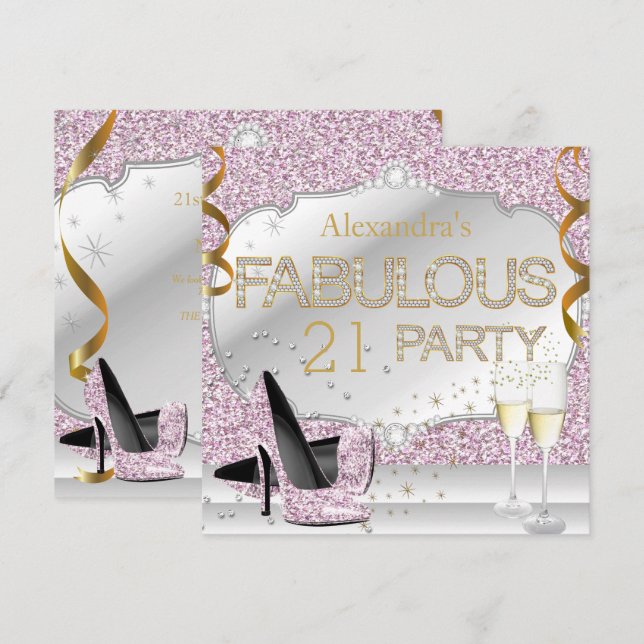 Fabulous 21 Pink Glitter Glamour Birthday Party Invitation (Front/Back)