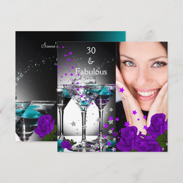 Fabulous 30 Birthday Teal Purple Roses Photo 3 Invitation (Front/Back)