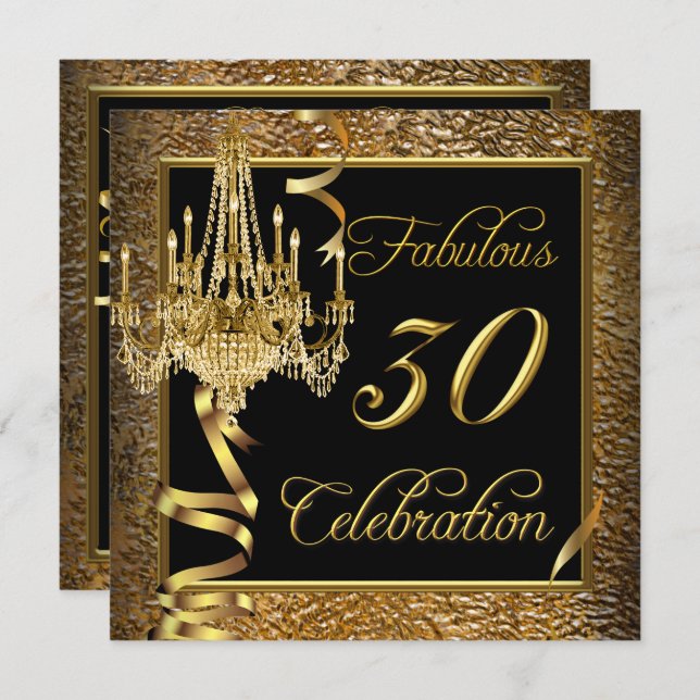 Fabulous 30 Celebration Gold Black Chandelier Invitation (Front/Back)