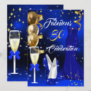 Fabulous 30 Champagne Party Royal Blue Heels Gold Invitation