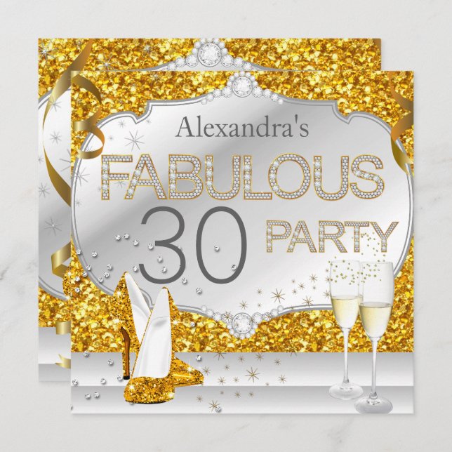 Fabulous 30 Gold Glitter Glamour Birthday Party Invitation (Front/Back)