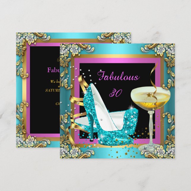 Fabulous 30 Pink Teal Gold Champagne Birthday Invitation (Front/Back)