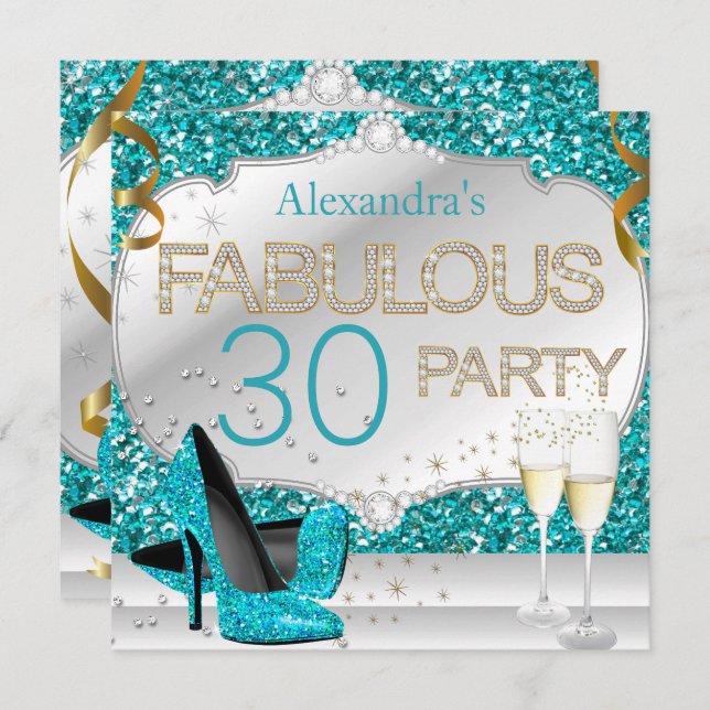 Fabulous 30 Teal Glitter Glamour Birthday Party Invitation (Front/Back)