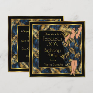 Fabulous 30's Birthday Party Gold Blue Palms Lady Invitation