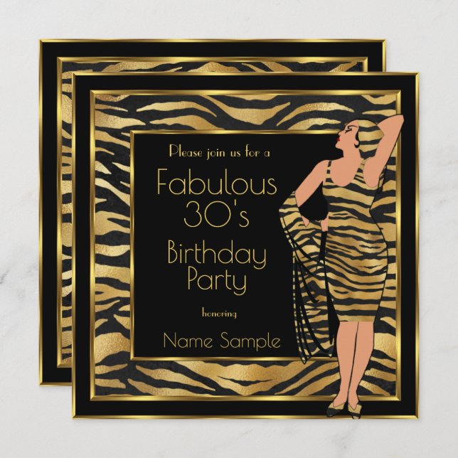 Fabulous 30's Birthday Party Gold Deco Lady 2 Invitation (Front/Back)