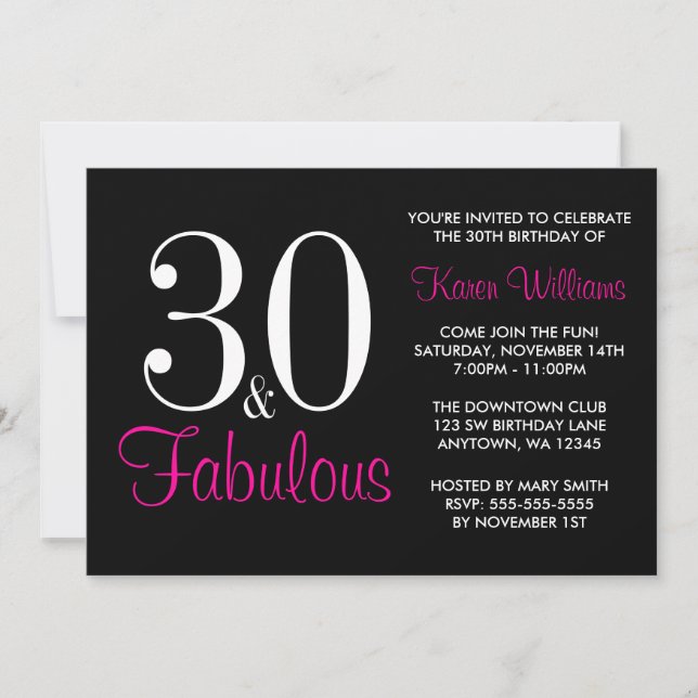 Fabulous 30th Black and Pink Birthday Party Invitation (Front)