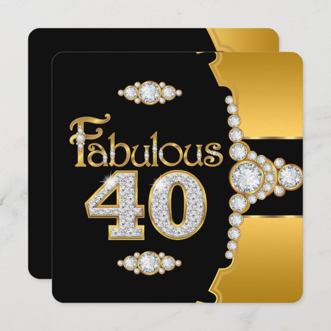 Fabulous 40 40th Birthday Gold Black Diamond Invitation (Front/Back)