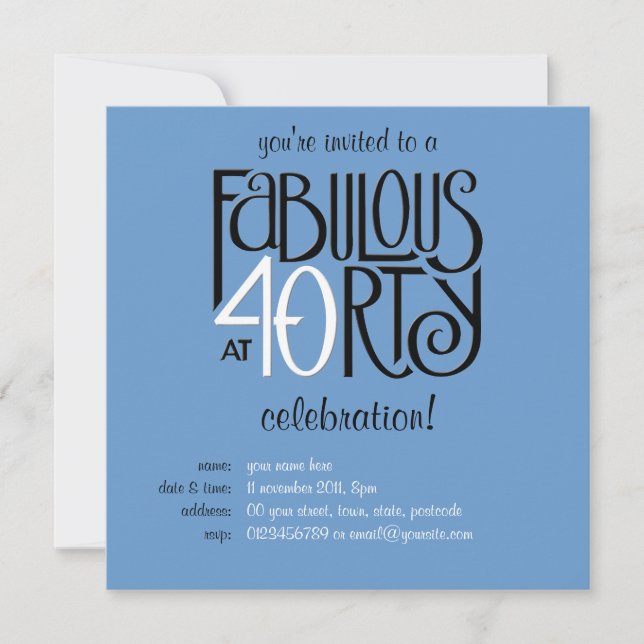 Fabulous 40 black white blue Birthday Invitation (Front)