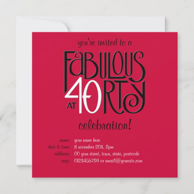 Fabulous 40 black white red Birthday Invitation (Front)
