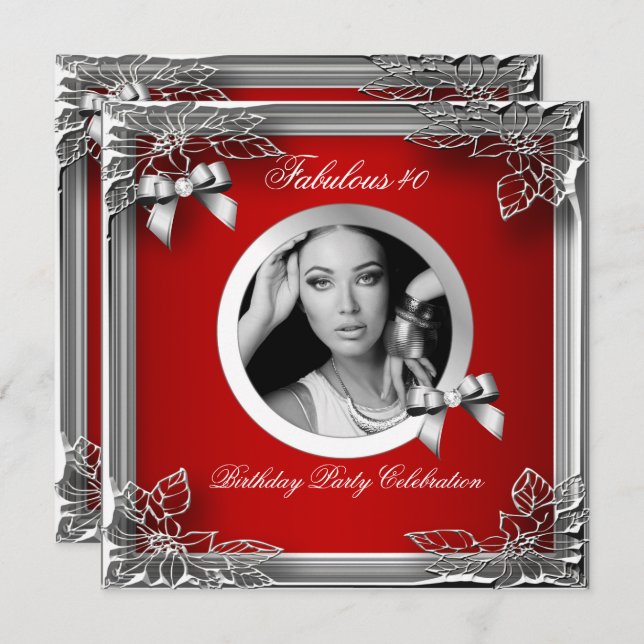 Fabulous 40 Elegant Red Diamond Silver Black Photo Invitation (Front/Back)