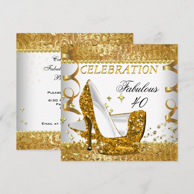 Fabulous 40 Glitter White Gold Heels Birthday Invitation (Front/Back)