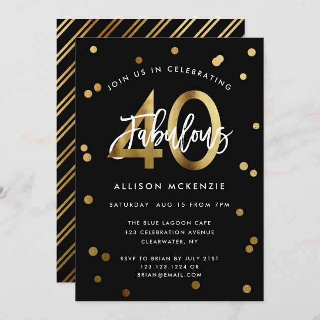 Fabulous 40 | Modern Elegant Gold Stylish Birthday Invitation (Front/Back)