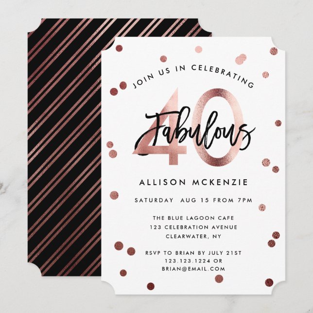Fabulous 40 | Modern Rose Gold Brushed Birthday Invitation (Front/Back)