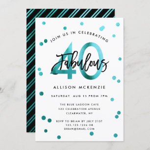 Fabulous 40   Modern Script Girly Teal Birthday Invitation