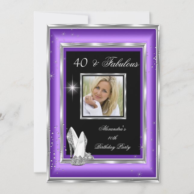 Fabulous 40 Party Photo Purple Silver High Heels Invitation (Front)