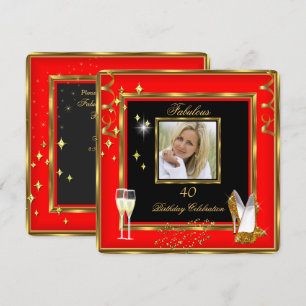 Fabulous 40 Photo Red Gold Champagne Heels Invitation
