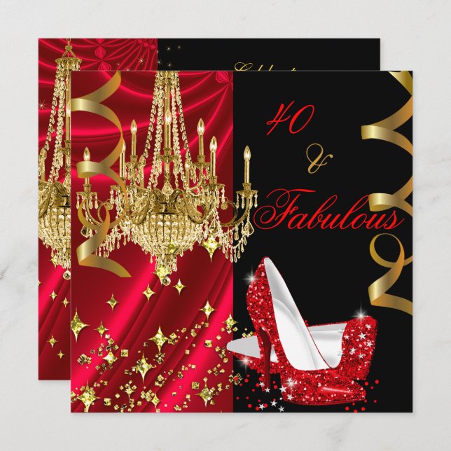 Fabulous 40 Red High Heels Chandelier Birthday Invitation (Front/Back)