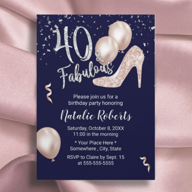 Fabulous 40 Rose Gold High Heel 40th Birthday Navy Invitation (Creator Uploaded)