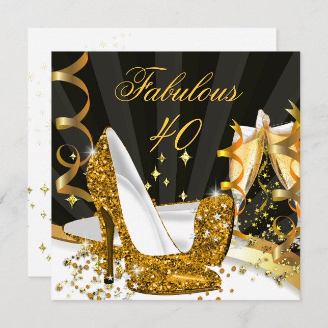 Fabulous 40 Woman's Gold High Heel Champagne Party Invitation (Front/Back)