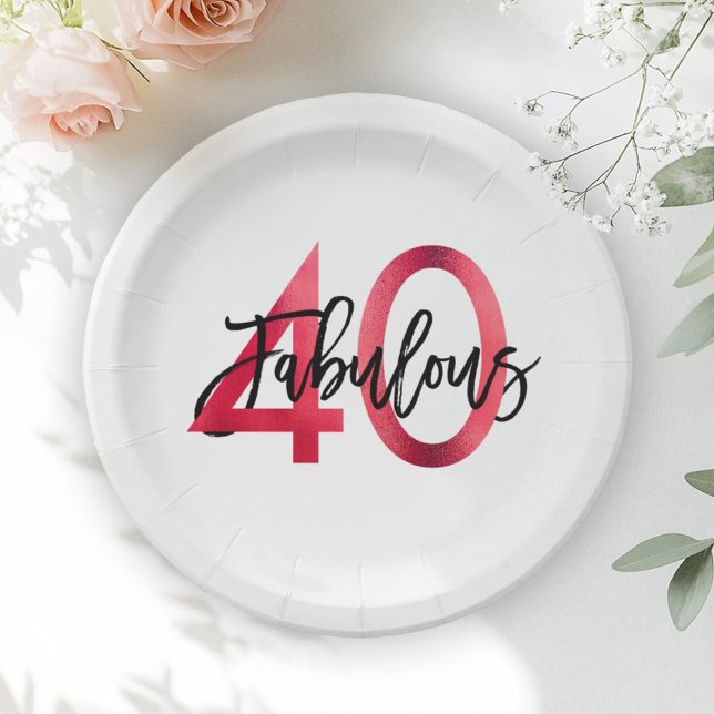 Fabulous 40th | Modern Elegant Chic Red Birthday Paper Plate (Creator Uploaded)