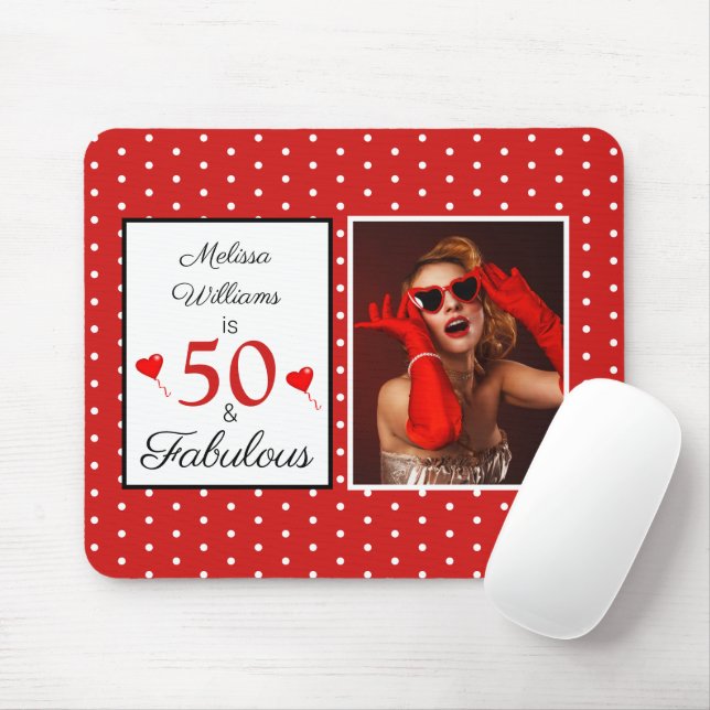 Fabulous 50 Birthday Custom Name Photo 50th W Red Mouse Pad (With Mouse)