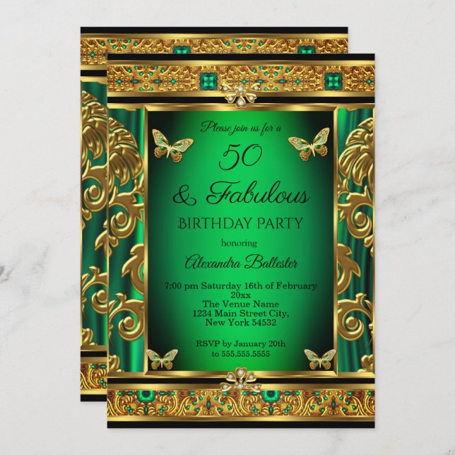 Fabulous 50 Birthday Emerald Green Butterfly Gold  Invitation (Front/Back)