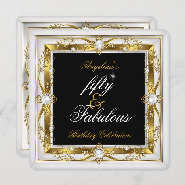 Fabulous 50 Birthday Party White Pearl Gold Black Invitation (Front/Back)