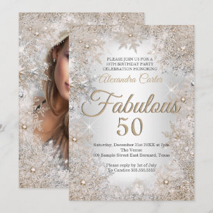 Fabulous 50 Birthday Photo Silver Beige Snowflake Invitation