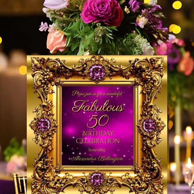 Fabulous 50 Birthday Purple Pink Gold Gem Invitation (Creator Uploaded)