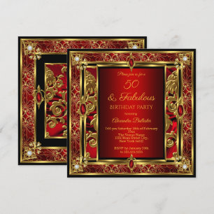 Fabulous 50 Birthday Red Ruby Damask Gold Diamond Invitation