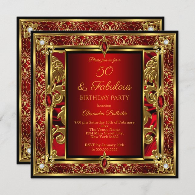 Fabulous 50 Birthday Red Ruby Damask Gold Diamond Invitation (Front/Back)