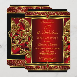 Fabulous 50 Birthday Red Ruby Jewel Damask Gold Invitation