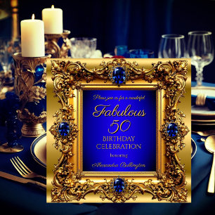 Fabulous 50 Birthday Royal Blue Gold Gem Invitation