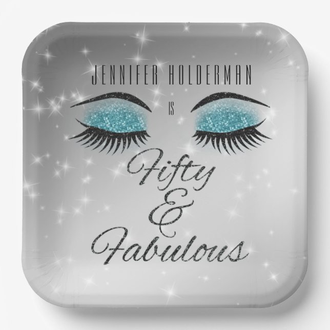 Fabulous 50 Black Aqua Glam Eyes Paper Plates (Front)