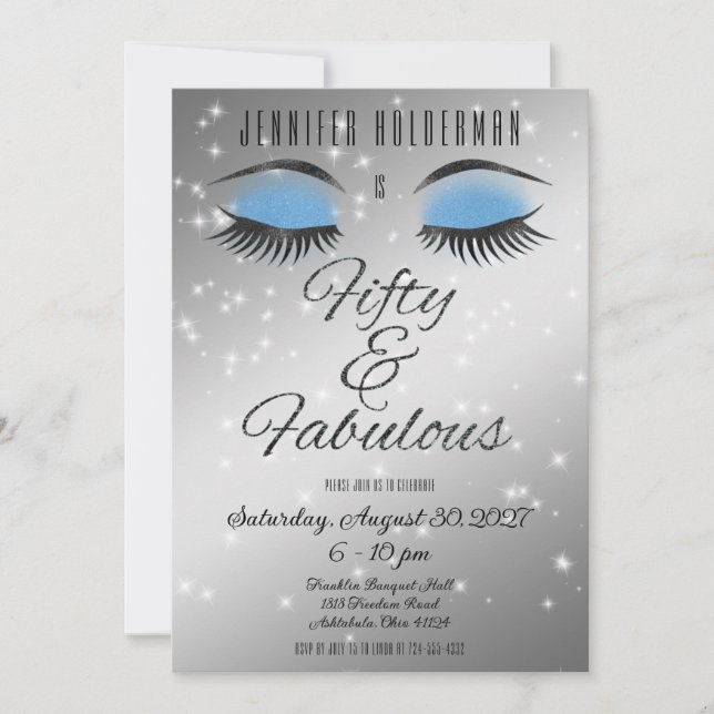 Fabulous 50 Black Blue Glam Eyes Invitation (Front)