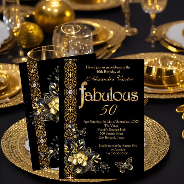 Fabulous 50 Black floral Gold birthday butterfly  Invitation (Creator Uploaded)