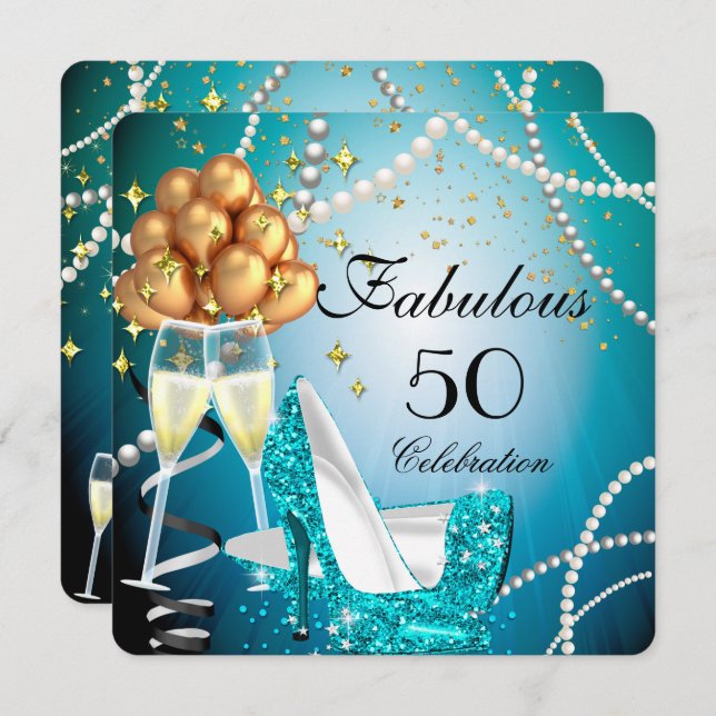 Fabulous 50 Blue High Heels Gold Champagne Party Invitation (Front/Back)