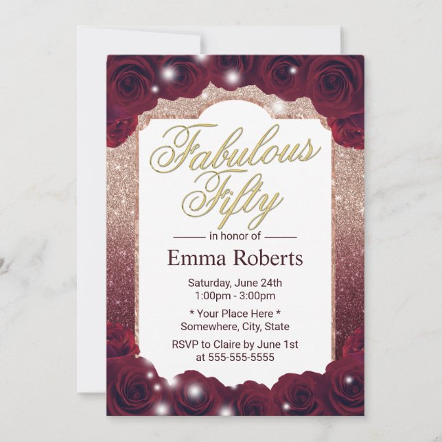 Fabulous 50 Burgundy Rose Gold Floral Birthday Invitation (Front)