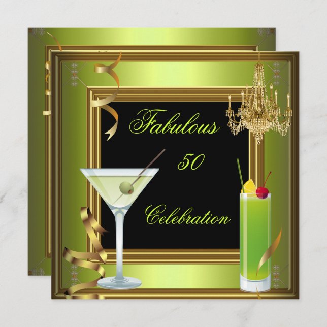 Fabulous 50 Celebration Gold Green Birthday Party Invitation (Front/Back)