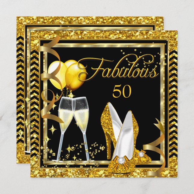 Fabulous 50 Champagne Gold Black Party Invite (Front/Back)